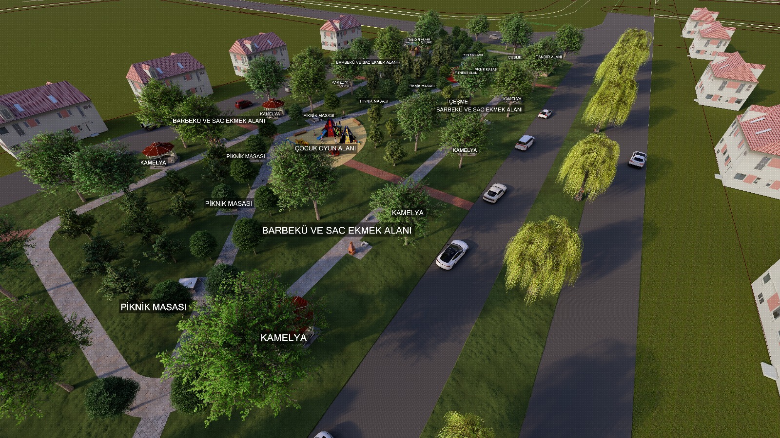 Meyve ağaçları ve tandırların olduğu park çalışması 