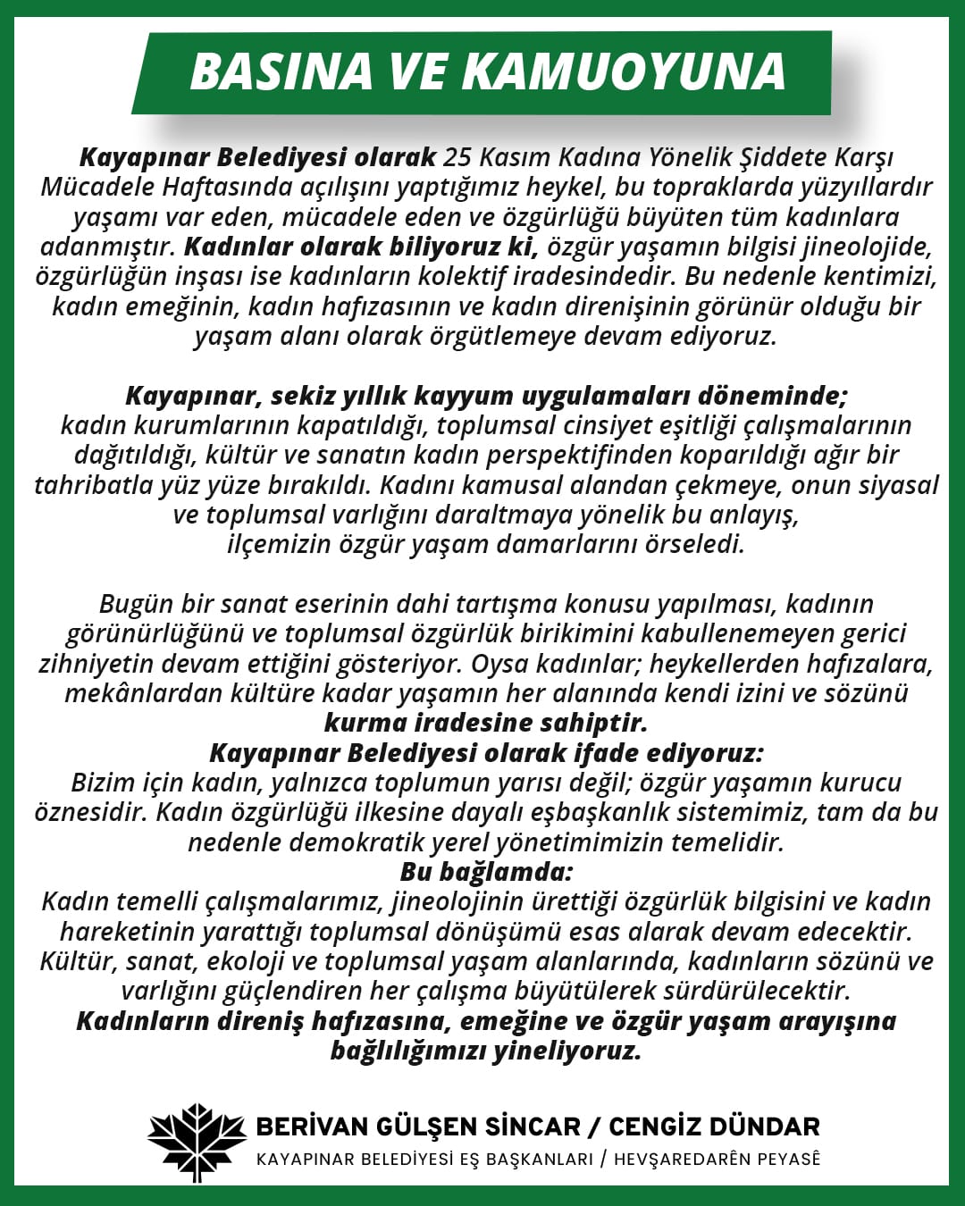 Kayapınar Belediyesi’nden “Direnişçi Kadınlar Heykeli”ne yönelik tepkilere yanıt